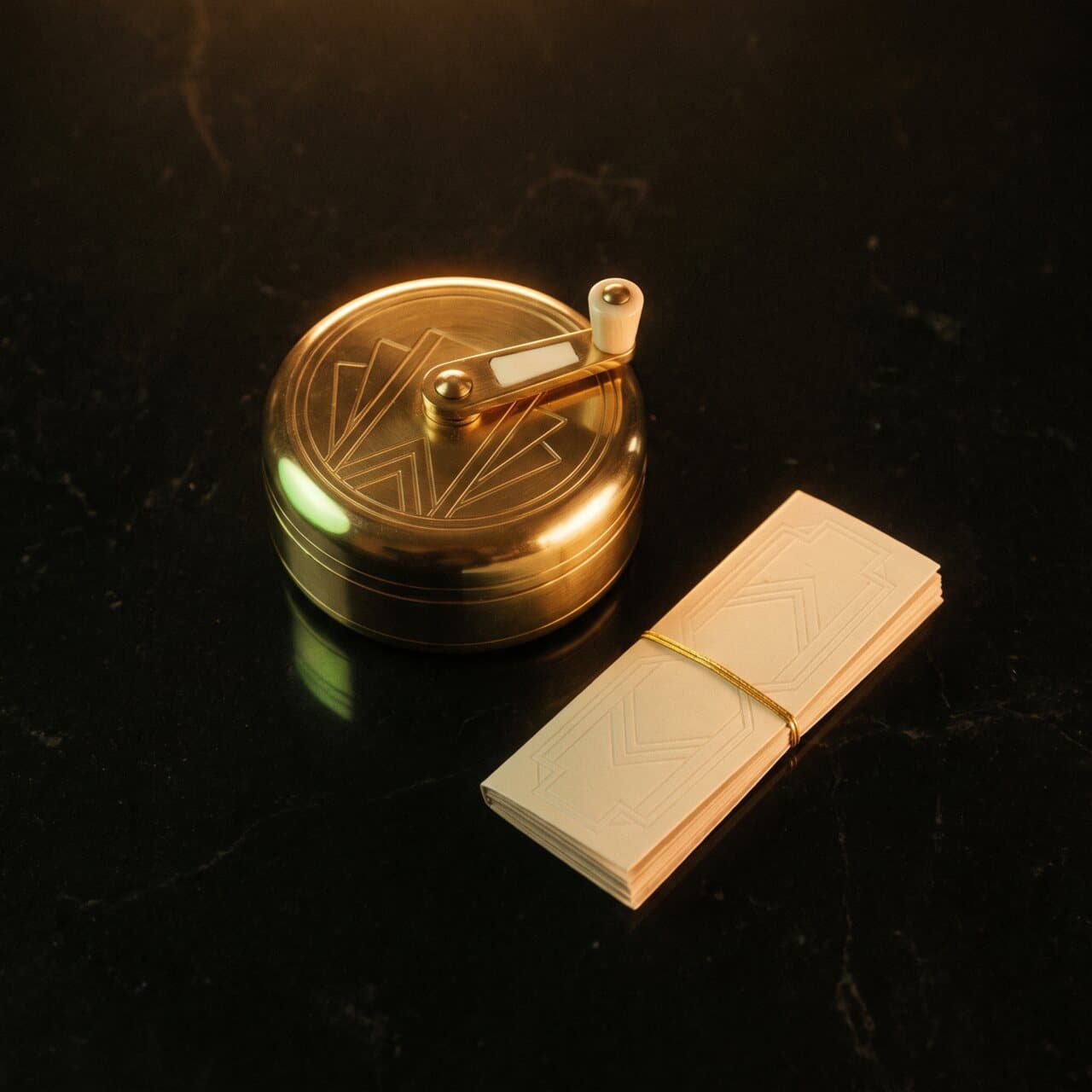 Brass Art-Deco grinder beside a pack of Green Apple rolling papers on obsidian